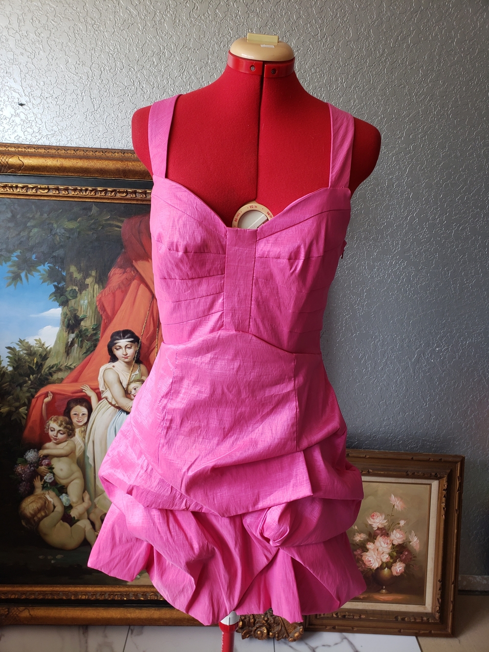 Jessica McClintock Bright Pink Tiered Ruffled Mini Dress